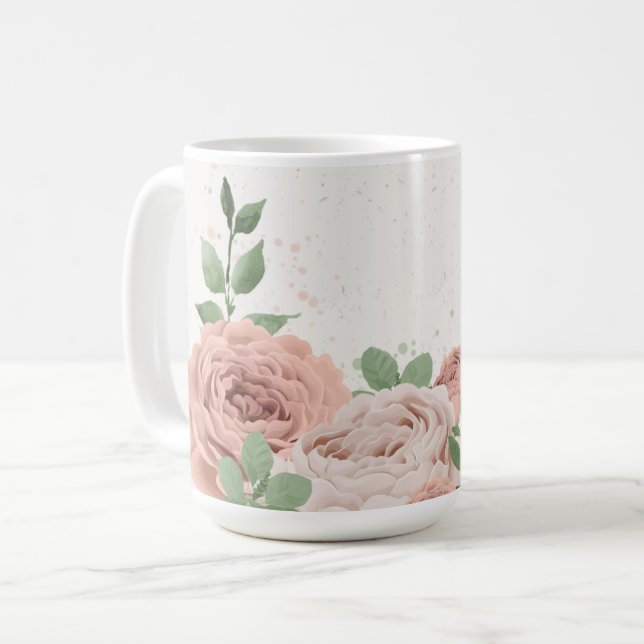 rosa blommor grönska botanisk kaffemugg (Framsida vänster)
