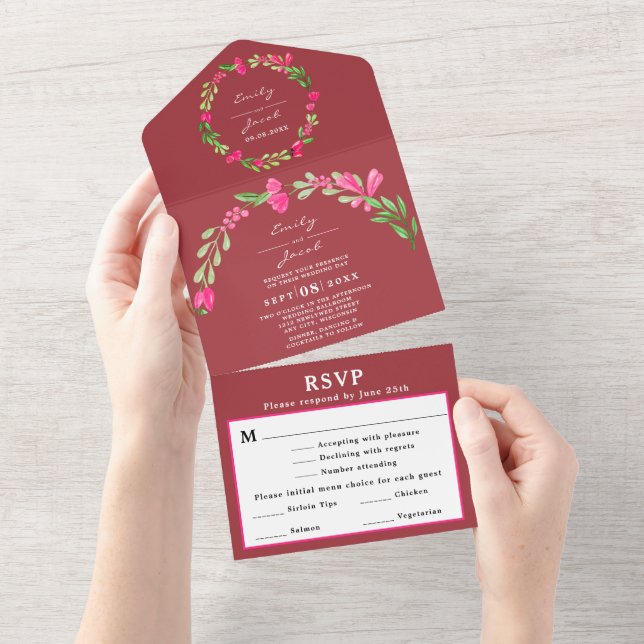Rosa Blommor Grönska Dammröd Elegant Bröllop RSVP (Avrivbar del)