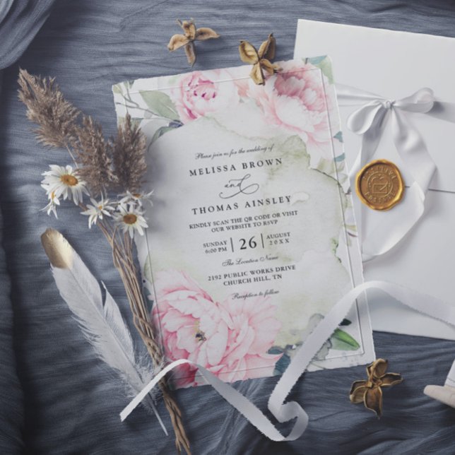 Rosa blommor Grönska Elegant QR-kod Bröllop Inbjudningar (Skapare uppladdad)