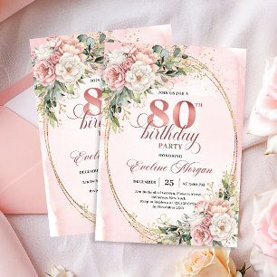 Rosa Blommor Grönska Guld Glitter 80-årsdag Inbjudningar