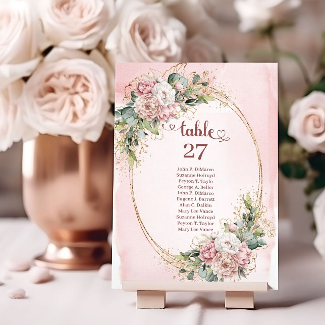 Rosa Blommor Grönska Guld Glitter Bordssköld Bordsnummer (Blush Pink Flowers Greenery Gold Glitter Table Numbers)