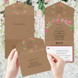 Rosa Blommor Grönska Ljusbrun Chic Bröllop RSVP