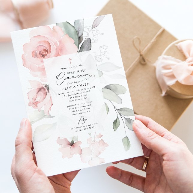 Rosa blommor, grönt, första kommunion inbjudningar (Skapare uppladdad)