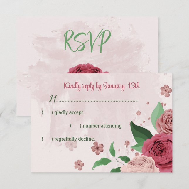 rosa Blommor grönt löv botaniska bröllop OSA Kort (Fram/baksida)