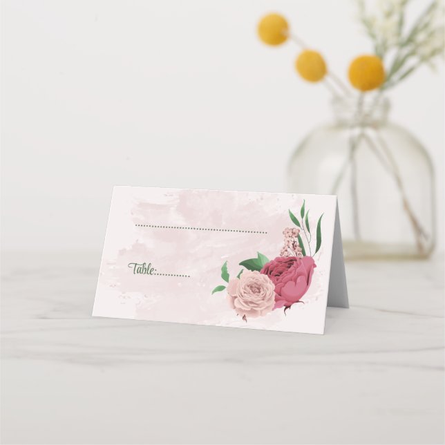 rosa Blommor grönt löv botaniska bröllop Placeringskort (Framsida)