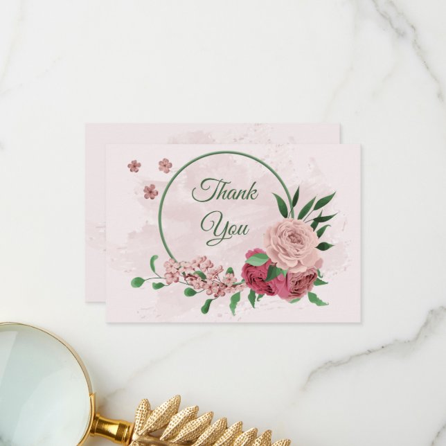rosa Blommor grönt löv botaniska bröllop Tack Kort (Fram/Back In Situ)