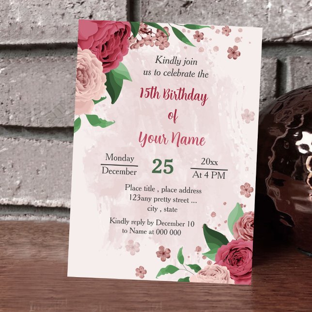 rosa blommor grönt löv botaniska födelsedag inbjudningar (Skapare uppladdad)