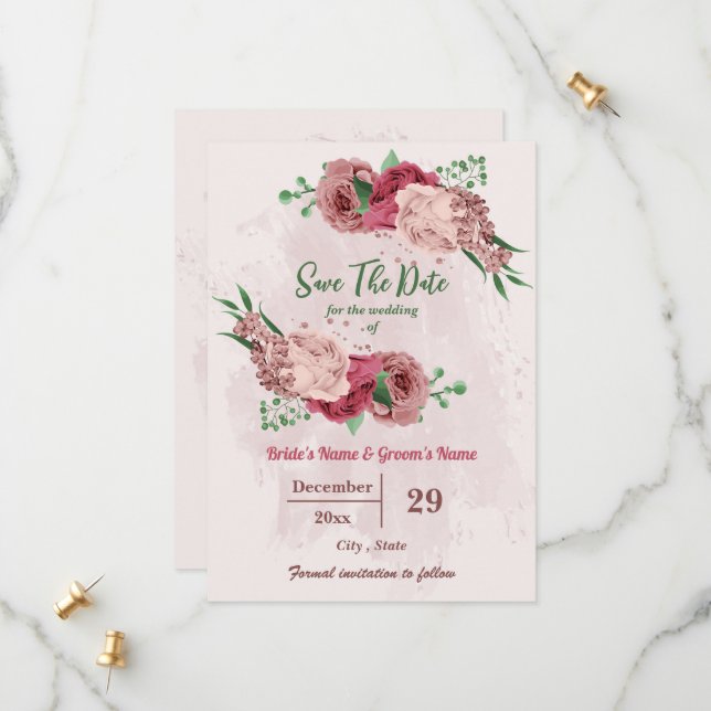 rosa Blommor grönt löv botaniskt Spara Datumet (Fram/Back In Situ)