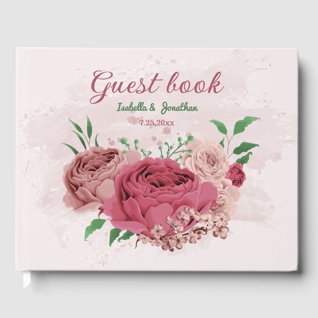rosa Blommor grönt löv bröllop Gästböcker (Framsida)