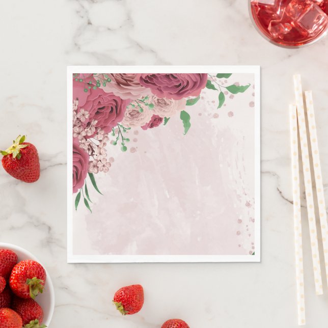rosa Blommor grönt löv bröllop Pappersservett (Insitu)