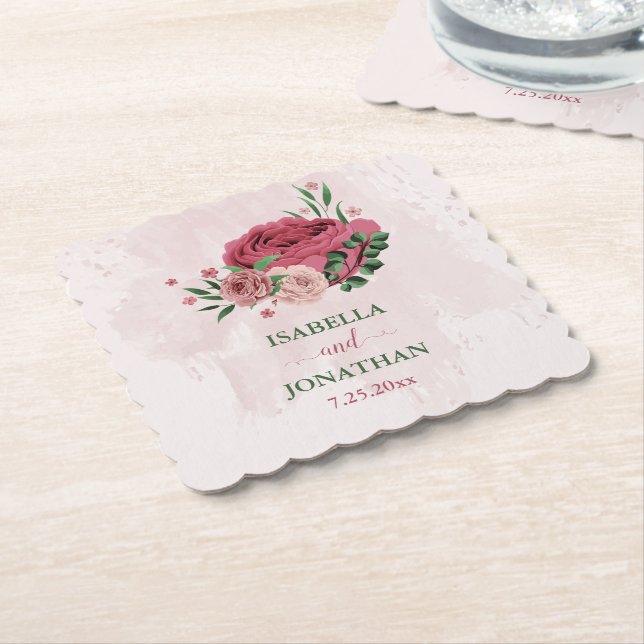 rosa Blommor grönt löv bröllop Underlägg Papper (Vinklad)