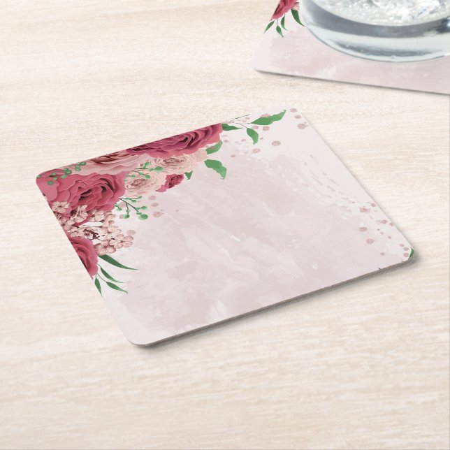 rosa Blommor grönt löv bröllop Underlägg Papper Kvadrat (Vinklad)