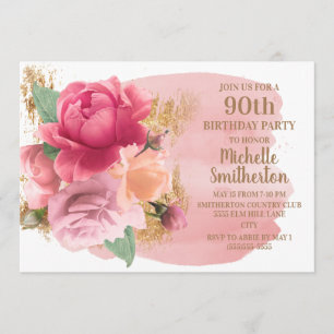 Rosa blommor Guld glitter 90-års födelsedagsfest Inbjudningar