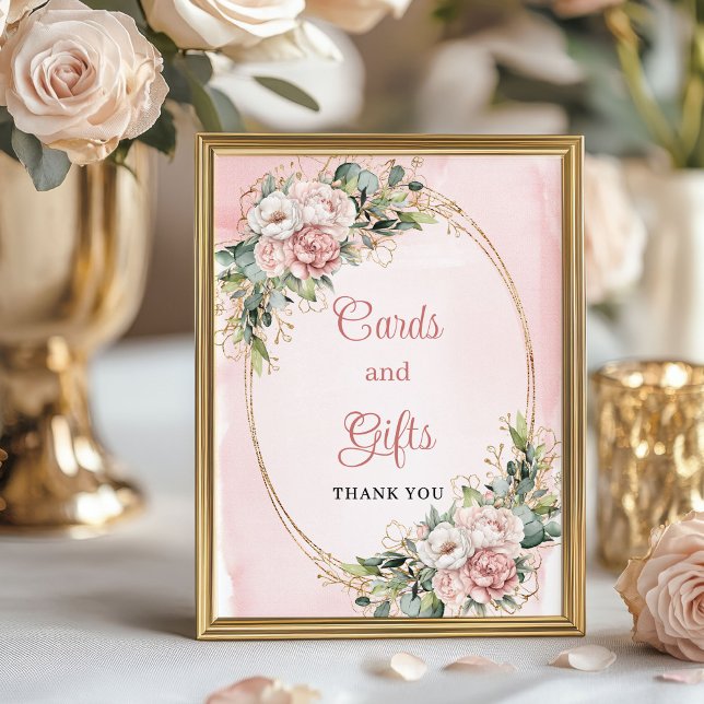 Rosa Blommor Guld Glitter Kort och Gåvor  Poster (Blush Pink Flowers Gold Glitter Cards and Gifts Sign)