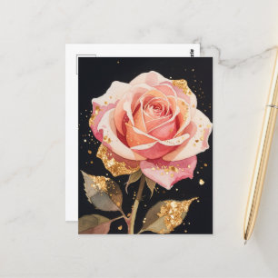 Rosa blommor guld glitter Oljemålning Vykort