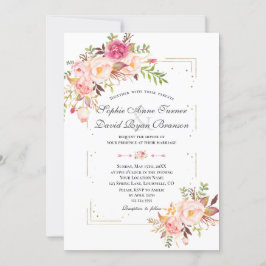 Rosa blommor Guld Glitter Ram Bröllop Inbjudningar