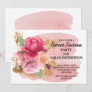 Rosa blommor guld glitter Sweet 16 födelsedagsfest Inbjudningar