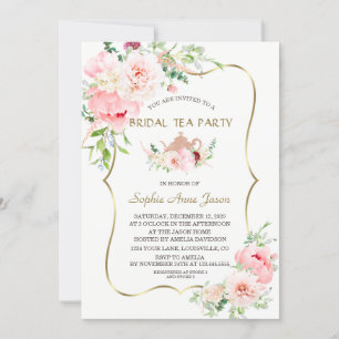 Rosa  blommor Guld Möhippa Tea Party Inbjudningar