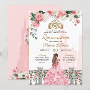 Rosa blommor & guld prinsessa sagolik Quinceanera Inbjudningar