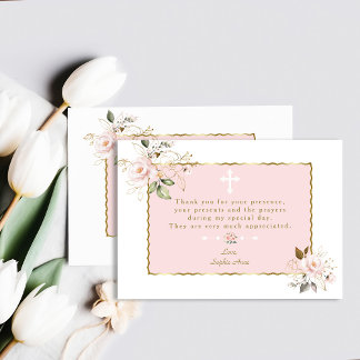 Rosa blommor Guld Ram Kor Baptism vid Tack Kort