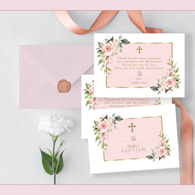 Rosa  blommor Guld Ram Kor Baptism vid  Tack Kort (baptism thank you, pink floral gold baptism thank you card)