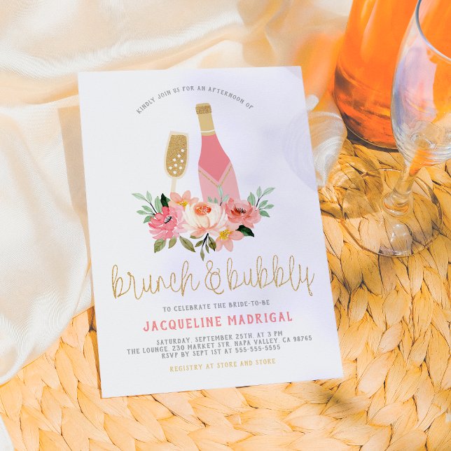 Rosa blommor & guldbrunch & bubbel Bröllopsdusch Inbjudningar (Skapare uppladdad)