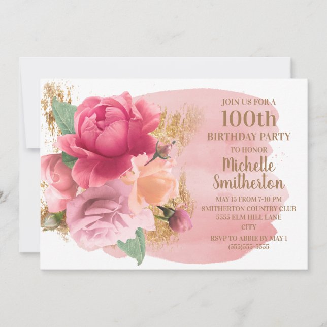 Rosa blommor guldglitter 100-års födelsedagsfest inbjudningar (Framsida)