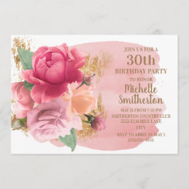 Rosa blommor guldglitter 30-års födelsedagsfest inbjudningar