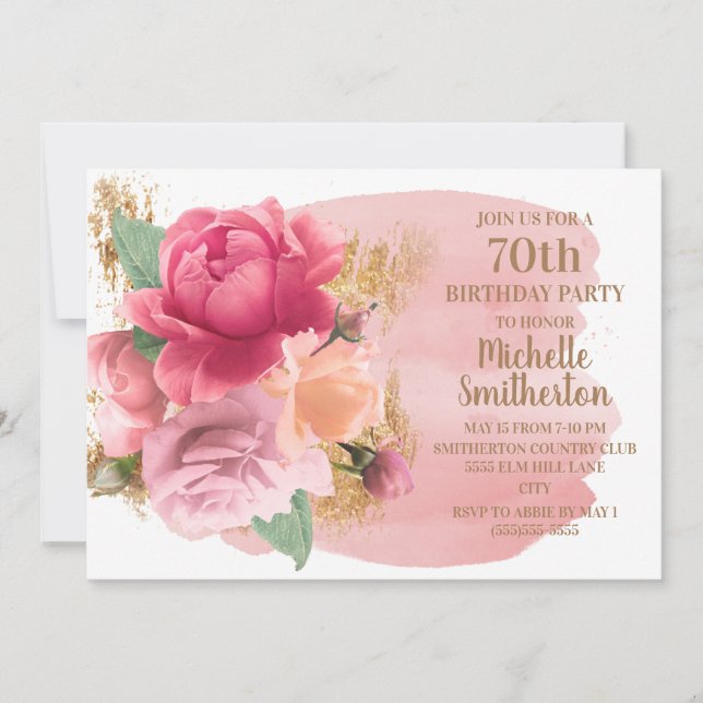 Rosa blommor Guldglitter 70-års födelsedagsfest Inbjudningar (Framsida)
