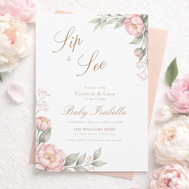 Rosa Blommor i Knopp Sip & See Inbjudningar (Skapare uppladdad)