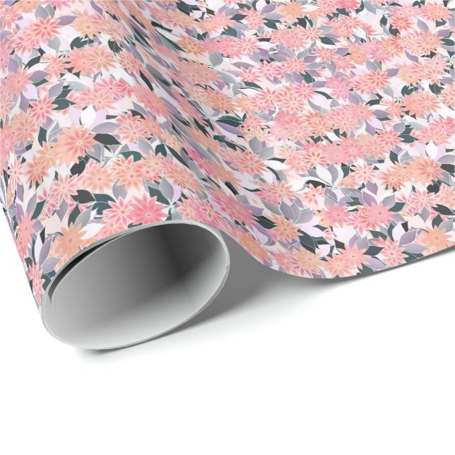 Rosa blommor i silver löv presentpapper (Rullad Hörn)