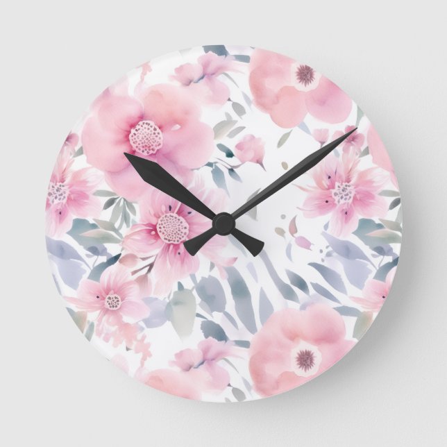 Rosa blommor i vattenfärg  rund klocka (Framsida)