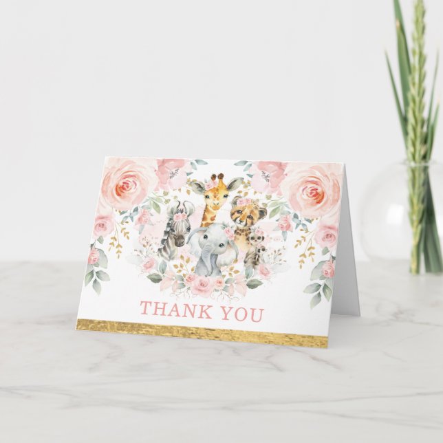  Rosa Blommor Jungle Vilda djur Tack Kort (Framsida)