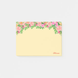 Rosa blommor & kalligrafi på ljust gult post-it block