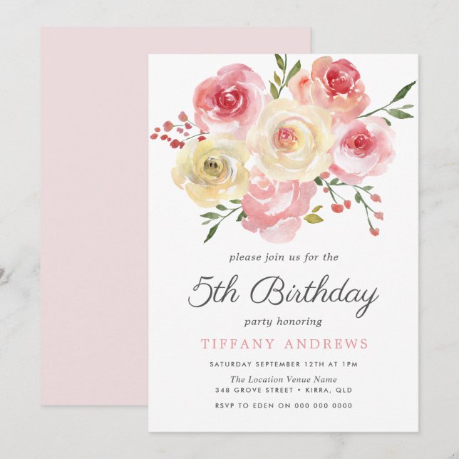 Rosa  blommor Kids Childrens Birthday Inbjudan (Fram/baksida)