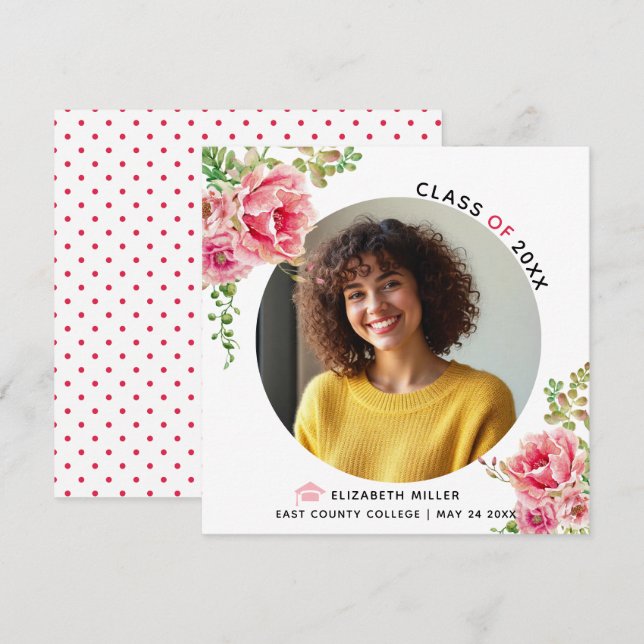Rosa blommor Klass av 2025 studenten-foto Meddelande (Fram/baksida)