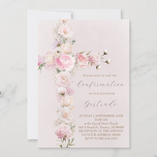 rosa blommor kors  Konfirmation Inbjudningar (Framsida)