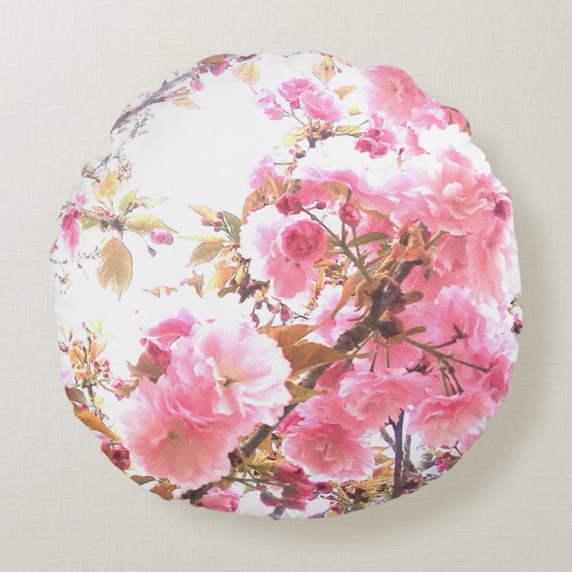 Rosa blommor körsbärsblomning blomstermönster Saku Rund Kudde (Framsidan)
