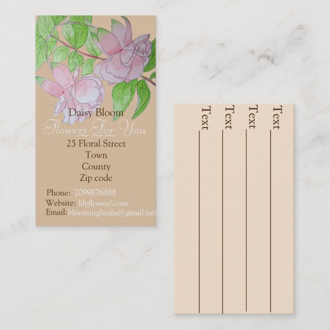 Rosa blommor löv Konsthantverk Visitkort (Fram/baksida)