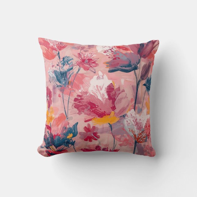 Rosa blommor målade penseldrag Botaniskt mönster Kudde (Framsida)