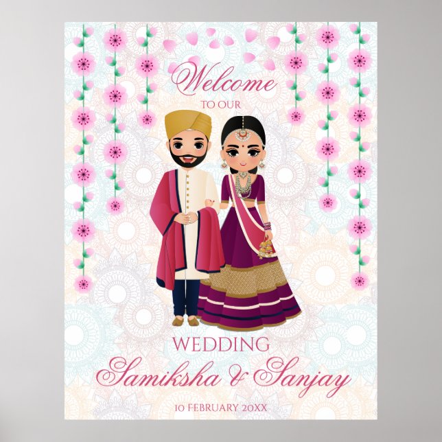 Rosa blommor mandalas Indiskt par illustration Poster (Framsidan)