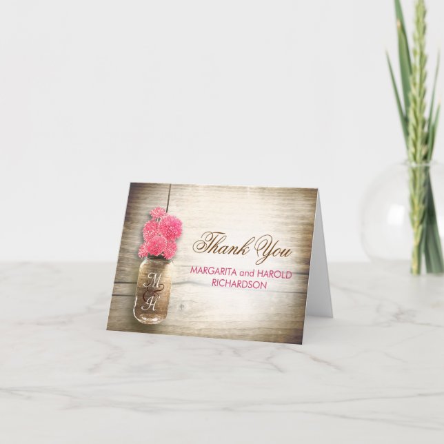 Rosa blommor masonkruka bröllop tackkort (Framsida)