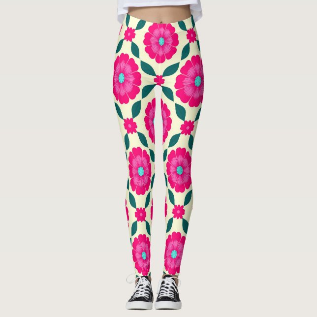 Rosa blommor med blåa centra och gröna blad leggings (Framsida)