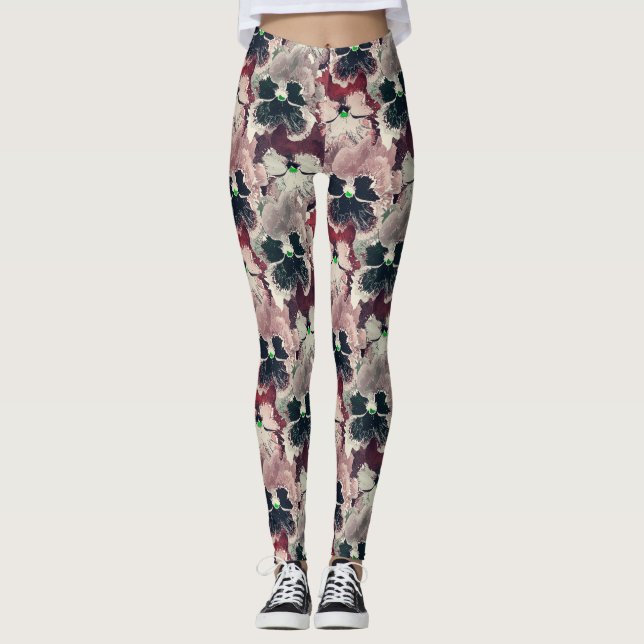 Rosa, blommor med gräddvit färg leggings (Framsida)