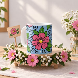 Rosa blommor med gröna blad och böjda detaljer kaffemugg