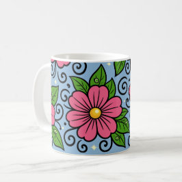 Rosa blommor med gröna blad och böjda detaljer kaffemugg