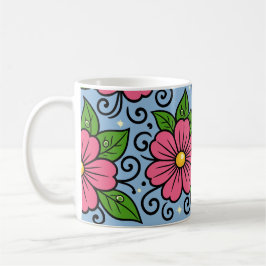 Rosa blommor med gröna blad och böjda detaljer kaffemugg