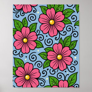 Rosa blommor med gröna blad och böjda detaljer poster