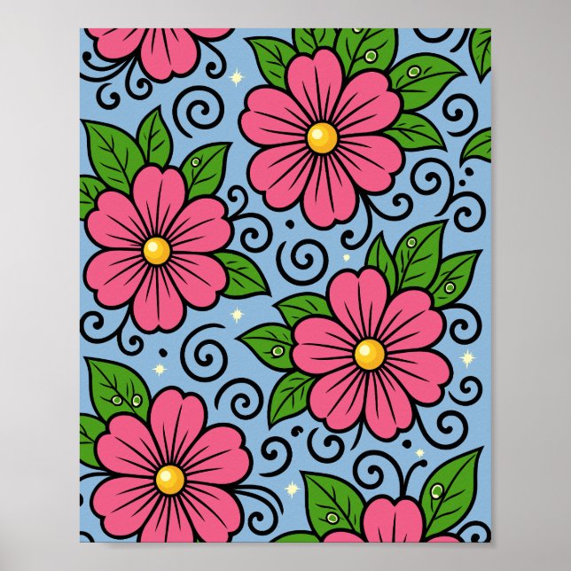 Rosa blommor med gröna blad och böjda detaljer poster (Framsidan)
