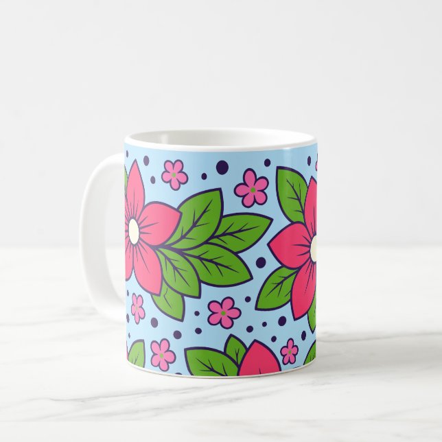 Rosa blommor med kraftiga kronblad och gröna blad kaffemugg (Framsida vänster)
